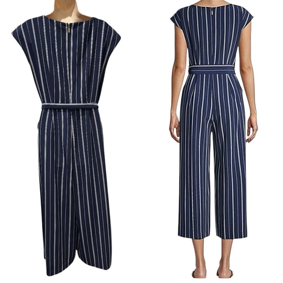 KARL LAGERFELD Navy Blue PinStriped Cropped Wide Leg
Belted Jumpsuit Size 6 - Picture 2 of 10